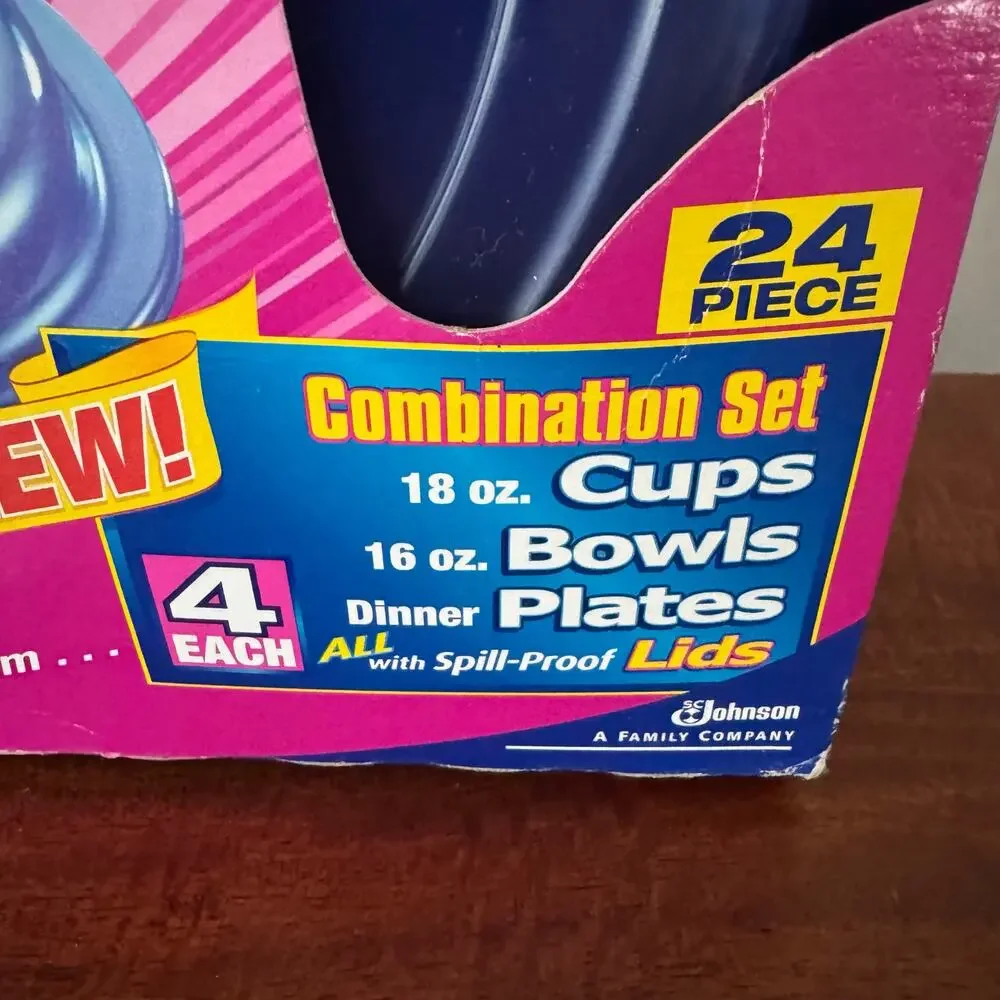 Vintage 2001 Ziploc TableTops 24 Pc Dishware Set Cups Bowls Plates Lids NOS